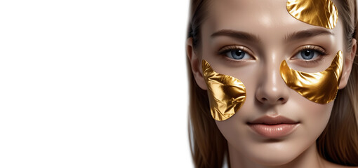 Woman with under eye collagen gold pads, beauty model girl face with healthy fresh skin. Generative AI. - obrazy, fototapety, plakaty