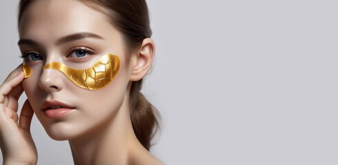 Woman with under eye collagen gold pads, beauty model girl face with healthy fresh skin. Generative AI.