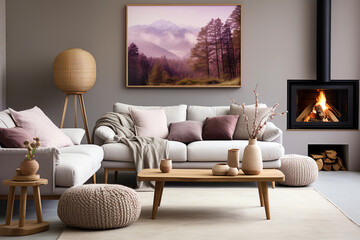Knitted pouf near grey sofas with purple pillows. Fireplace against grey wall with poster frame. Scandinavian home interior design of modern living room.
