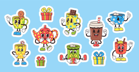 Set Of Adorable Stickers, Retro-style Cartoon Teapot And Mug Characters, Brimming With Charm, Cartoon Cup Personages