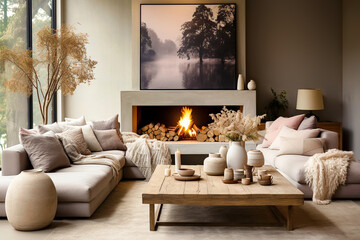 Sofa and daybed sofa by fireplace. Scandinavian farmhouse rustic home interior design of modern living room. Warm and inviting atmosphere.