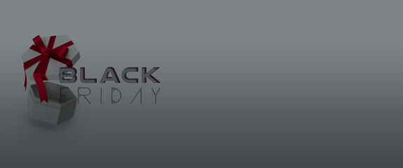Black Friday Banner with a Red Ribbon and Gift Box, Copy Space, Elegant and Minimalistic