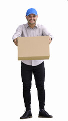 full-length male courier holding a box on a white background