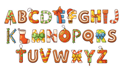 Cartoon Christmas Fonts Feature Festive Elements Like Socks, Ornaments, Bows And Candy Canes, Vector Illustration