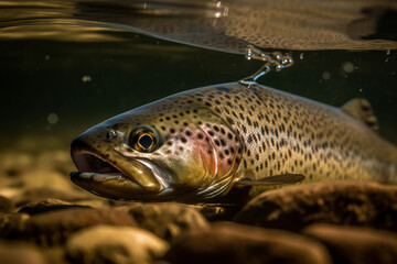 Dive into the aquatic world as a big trout fish gracefully swims underwater captured in a mesmerizing photograph. Ai generated
