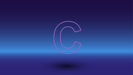 Neon capital letter C symbol on a gradient blue background. The isolated symbol is located in the bottom center. Gradient blue with light blue skyline