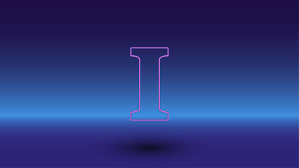 Neon capital letter I symbol on a gradient blue background. The isolated symbol is located in the bottom center. Gradient blue with light blue skyline