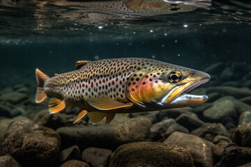 Dive into the aquatic world as a big trout fish gracefully swims underwater captured in a mesmerizing photograph. Ai generated