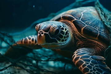 Fototapeta premium A sad moment depicting the suffering of a turtle caught in a fishing net, shedding light on the impact of human activities on marine life. Ai generated