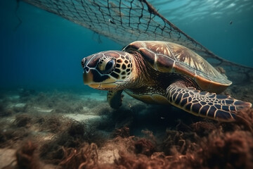 Fototapeta premium A sad moment depicting the suffering of a turtle caught in a fishing net, shedding light on the impact of human activities on marine life. Ai generated