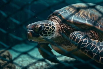 Fototapeta premium A sad moment depicting the suffering of a turtle caught in a fishing net, shedding light on the impact of human activities on marine life. Ai generated