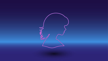 Neon woman face profile symbol on a gradient blue background. The isolated symbol is located in the bottom center. Gradient blue with light blue skyline