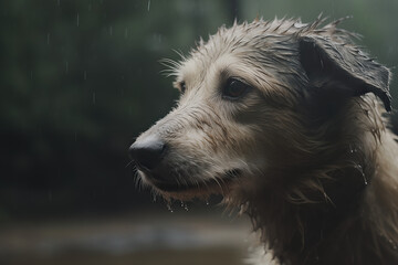 Sad dog with sad eyes in the rain emotional scene