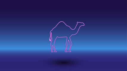 Neon camel symbol on a gradient blue background. The isolated symbol is located in the bottom center. Gradient blue with light blue skyline
