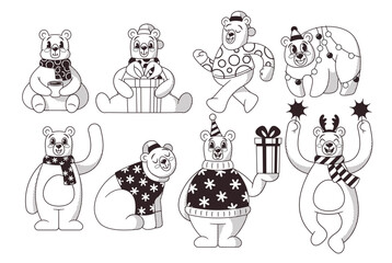Black And White Cartoon Retro-style Christmas Polar Bear Characters Set. Vintage Monochrome Bears Don Cozy Scarves