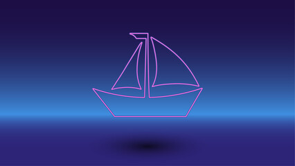 Neon sailing boat symbol on a gradient blue background. The isolated symbol is located in the bottom center. Gradient blue with light blue skyline