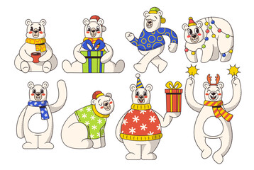 Retro-style Polar Bears Cartoon Characters, Adorned With Colorful Scarves And A Vintage Charm, Vector Illustration