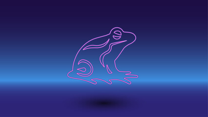 Neon frog symbol on a gradient blue background. The isolated symbol is located in the bottom center. Gradient blue with light blue skyline