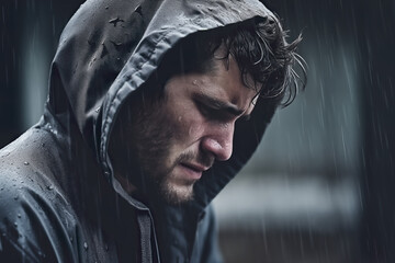 Sad man standing in the rain closeup