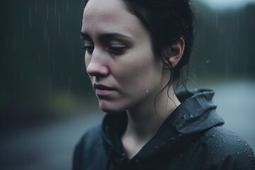 Sad woman standing in the rain closeup