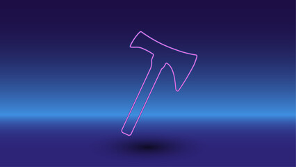 Neon axe symbol on a gradient blue background. The isolated symbol is located in the bottom center. Gradient blue with light blue skyline