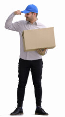 full-length male courier holding a box on a white background