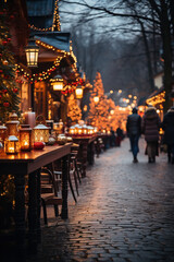 Fototapeta na wymiar People in Christmas market, an illuminated street. Festive new year lights.