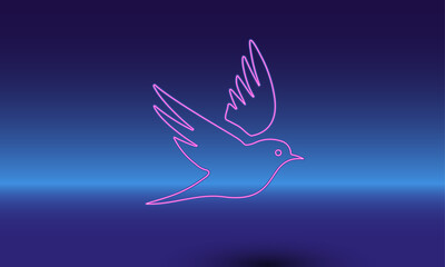Neon bird symbol on a gradient blue background. The isolated symbol is located in the bottom center. Gradient blue with light blue skyline