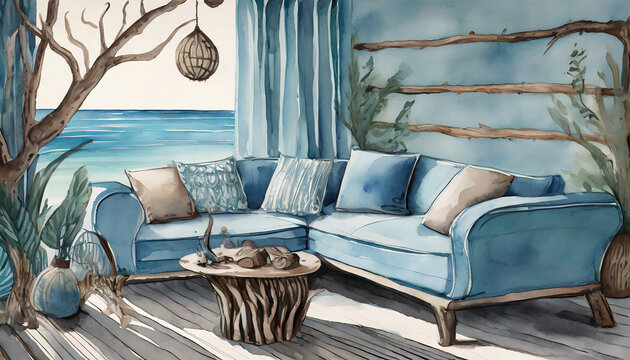 Muted blues and coastal decor evoke a seaside escape with a plush sofa and driftwood accents.