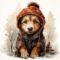 A drawing of a dog wearing a hat and jacket