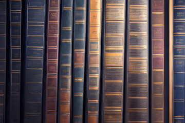Stack of old books on the library study bookshelves Knowledge concept Background
