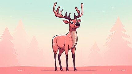  a deer standing in the middle of a field with trees in the background and a blue sky in the middle of the picture, with a pink hued background.  generative ai
