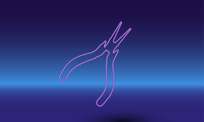 Neon round pliers symbol on a gradient blue background. The isolated symbol is located in the bottom center. Gradient blue with light blue skyline