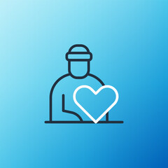 Obraz premium Line Volunteer icon isolated on blue background. Care, love and good heart community support poor, homeless and elder persons. Colorful outline concept. Vector