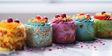 A row of small bite-sized decorated celebration cakes