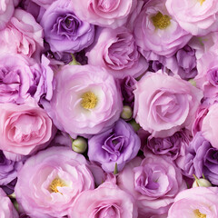 eustoma as a background, white, lilac and pink flowers. floral backdrop. bouquet, top view.