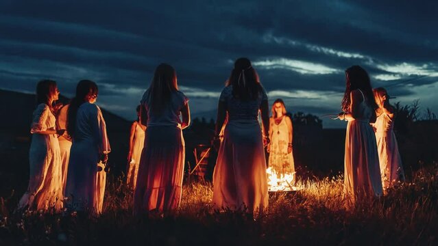 Women at the night ceremony. Ceremony space. Loop Animation.