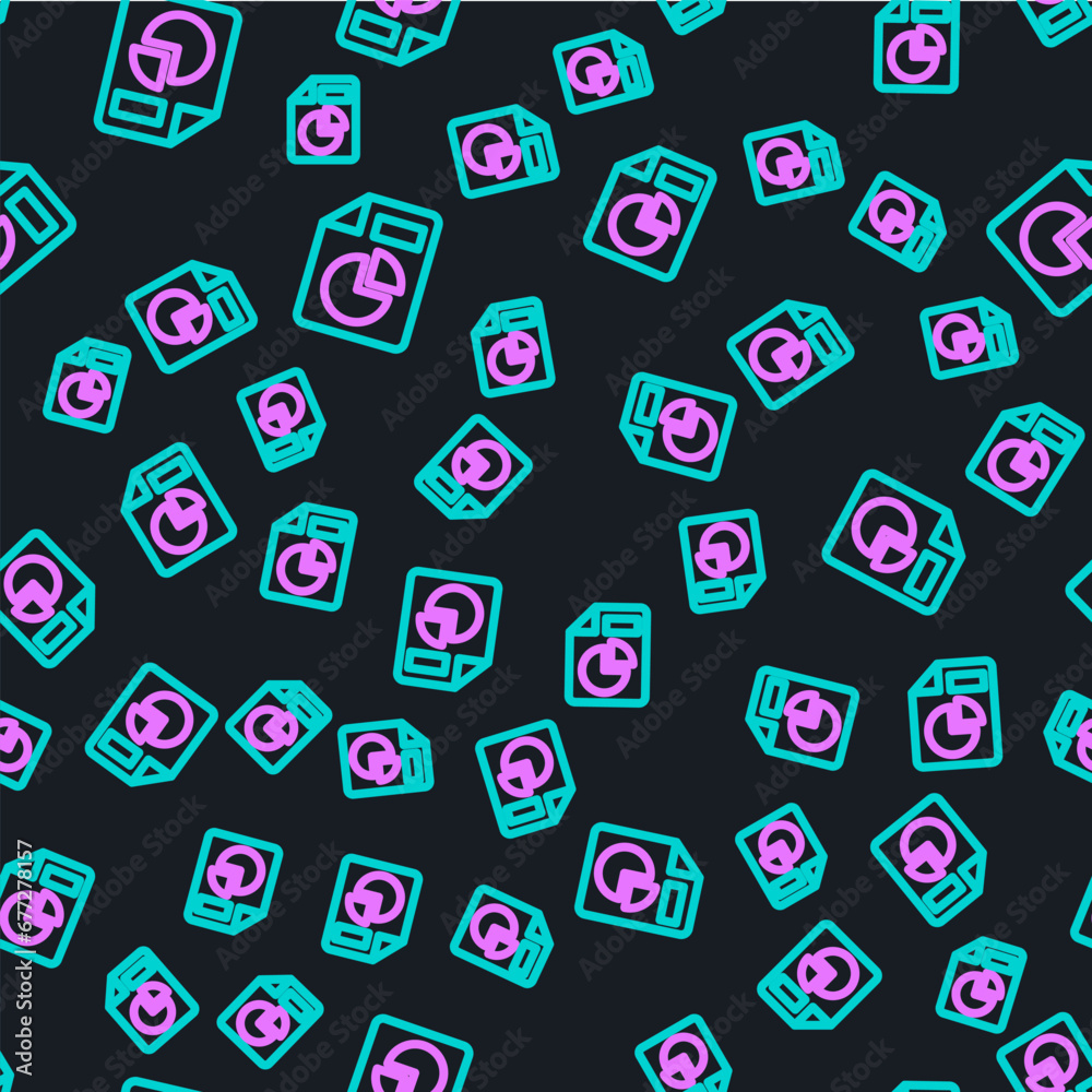 Poster line document with graph chart icon isolated seamless pattern on black background. report text file 