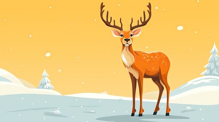  a deer standing in the middle of a snow covered field with pine trees in the background and a yellow sky with snow flecks on the ground behind it.  generative ai