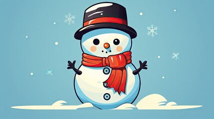  a snowman wearing a red scarf and a black hat with a red scarf around his neck and a red scarf around his neck, on a blue background with snowflakes and snowflakes.  generative ai