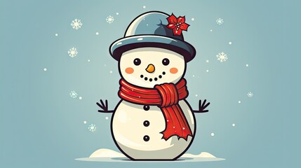  a snowman wearing a hat, scarf and a scarf around his neck with a red scarf around his neck and a red scarf around his neck, on a blue background with snowflakes.  generative ai