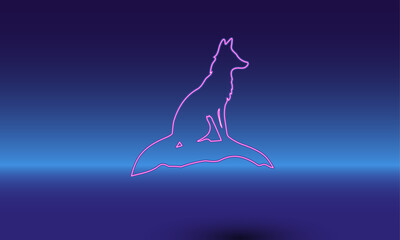 Neon fox symbol on a gradient blue background. The isolated symbol is located in the bottom center. Gradient blue with light blue skyline
