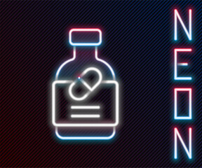 Glowing neon line Medicine bottle and pills icon isolated on black background. Bottle pill sign. Pharmacy design. Colorful outline concept. Vector