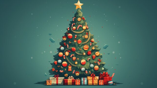  a christmas tree with presents under it and a star on the top of it, surrounded by confetti and bows, on a teal green background with snow.  generative ai
