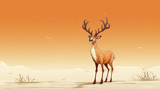  a deer standing in the middle of a desert with an orange sky in the background and a bird flying in the sky over the top of the deer's head.  generative ai