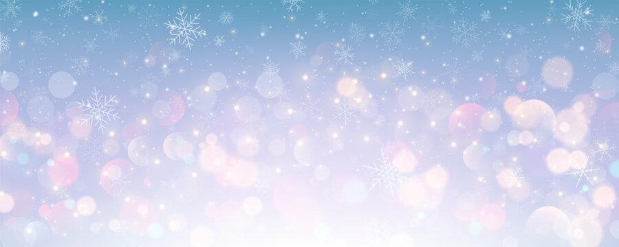Christmas snowy background. Cold blue winter sky. Vector ice blizzard on gradient texture with bokeh. Festive new year theme for season sale wallpaper.
