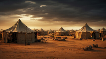 Camp of tents in the desert. Sand landscape - obrazy, fototapety, plakaty