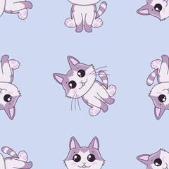 Seamless vector pattern with cute cat. Pastel lilac and purple shades. Little kitty.