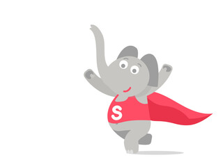 Baby elephant superhero. Cute funny character. Vector children's illustration.