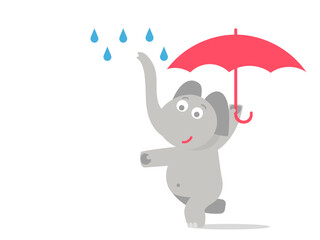 Cute elephant character walks with an umbrella in the rain. Flat children's vector illustration.